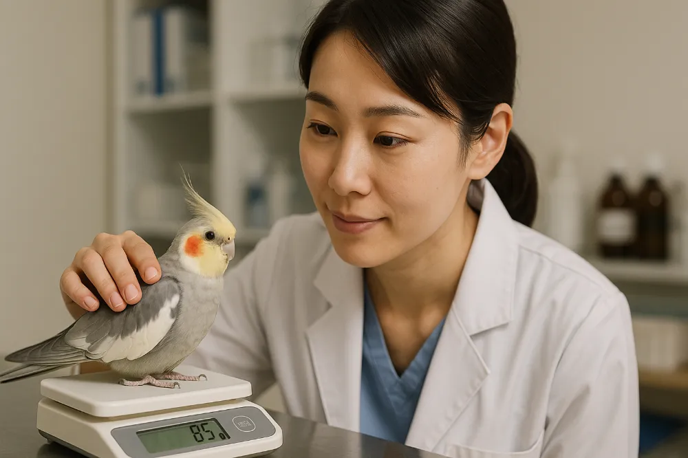 獣医師がオカメインコを聴診器で診察している。年齢に応じた健康チェックのイメージ