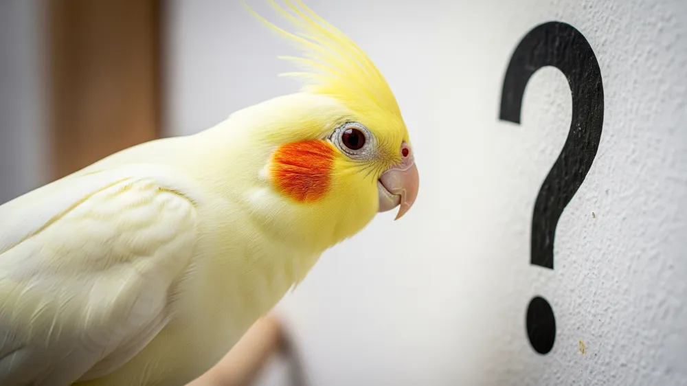 頭の上に大きなクエスチョンマークを浮かべて、首をかしげながらこちらを見つめる可愛らしいオカメインコルチノー