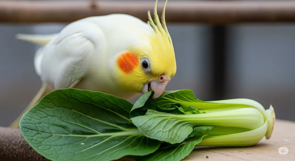 小松菜を食べるオカメインコ