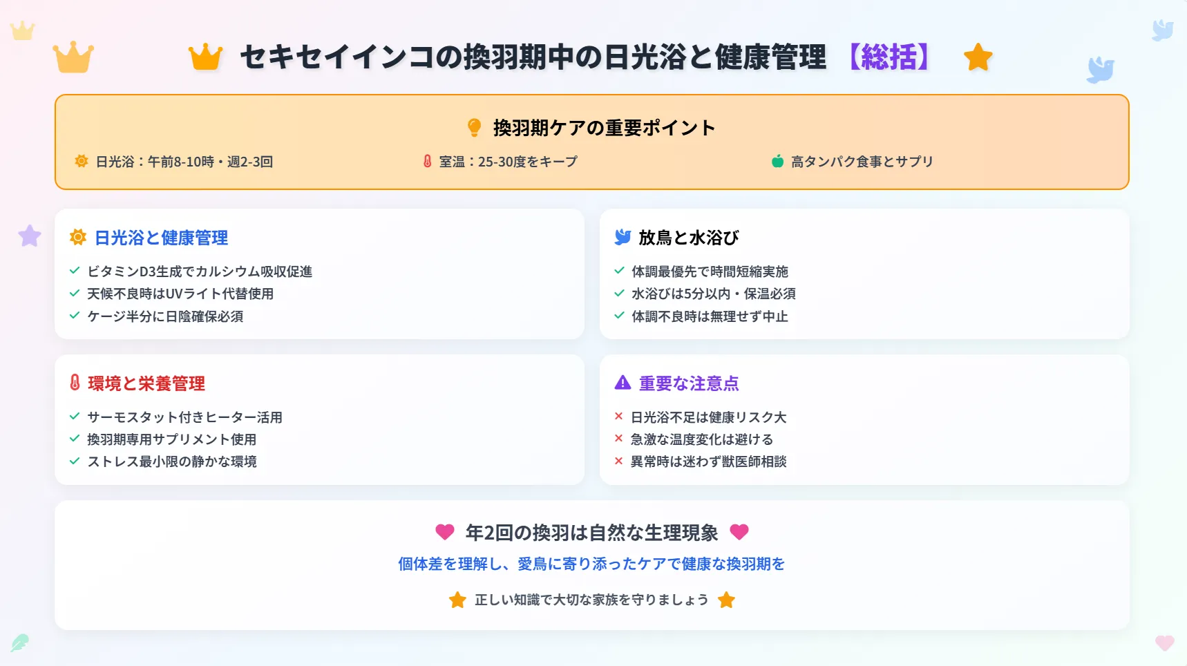セキセイインコの換羽期中の日光浴と健康管理まとめ