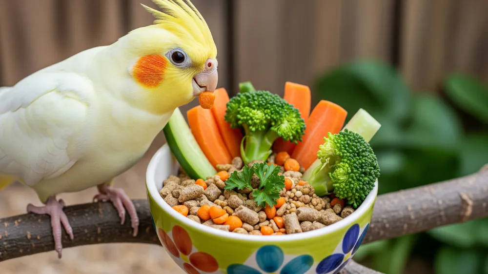 色とりどりの新鮮な野菜と栄養バランスの取れたペレットが綺麗に盛り付けられた、オカメインコの理想的な食事プレート