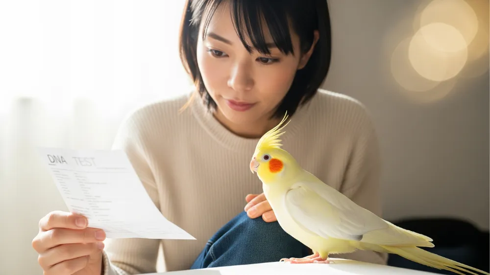 白いテーブルの上で、オカメインコルチノーの性別が「オス」と記されたDNA鑑定結果レポートを指差す飼い主の手