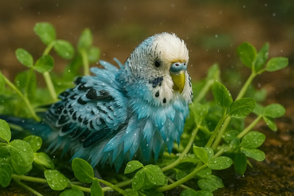 セキセイインコの豆苗浴び