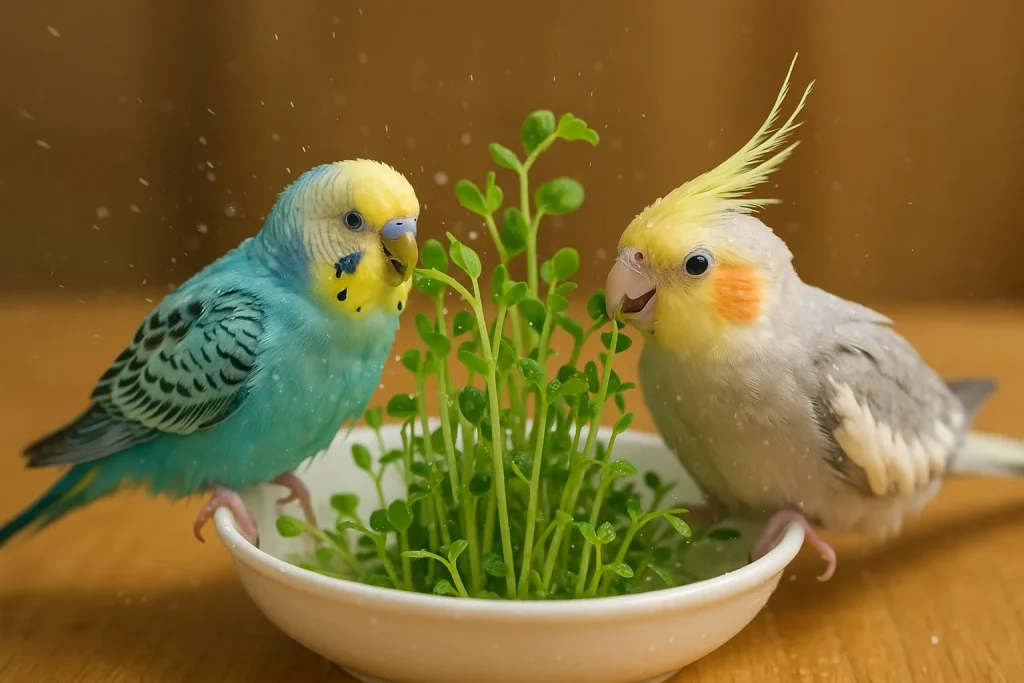 豆苗とセキセイインコとオカメインコ