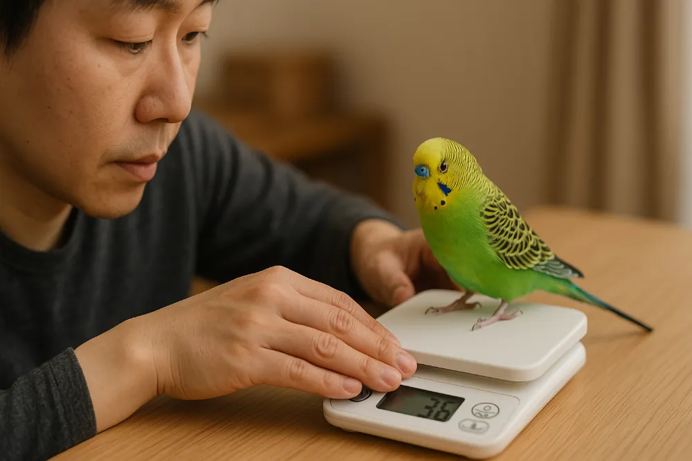 キッチンスケールでセキセイインコの体重測定をする飼い主。病気の早期発見に繋がる毎日の健康チェック。