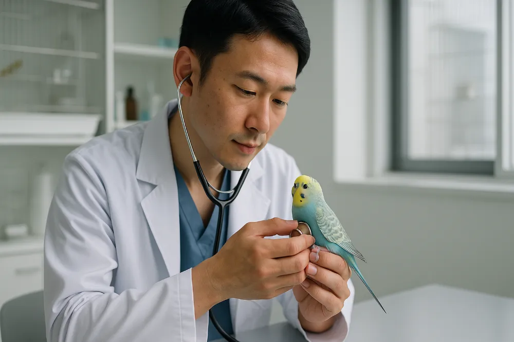 動物病院で獣医師による診察を受けるセキセイインコ。シニア期の病気は定期的な健康診断で管理する。