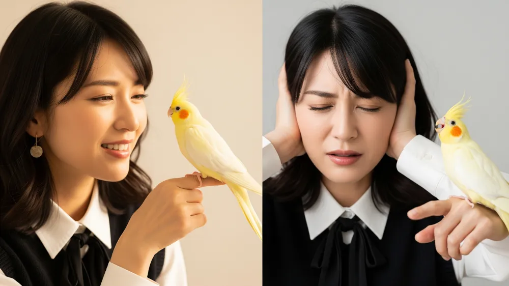 疲れた表情でオカメインコの世話をする飼い主と、ケージの中からじっと見つめるオカメインコ