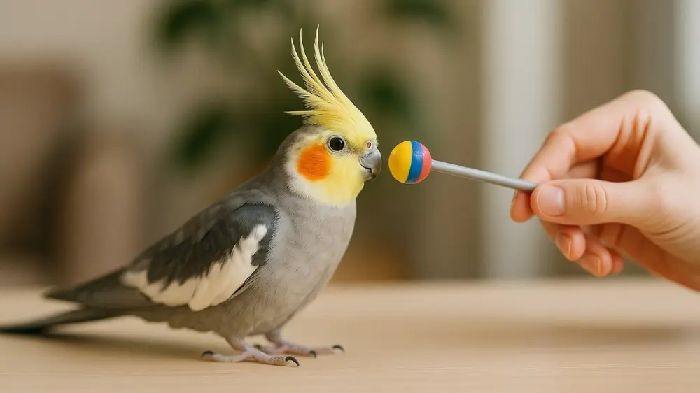 ターゲットスティックを使ったクリッカートレーニングを受けるオカメインコ