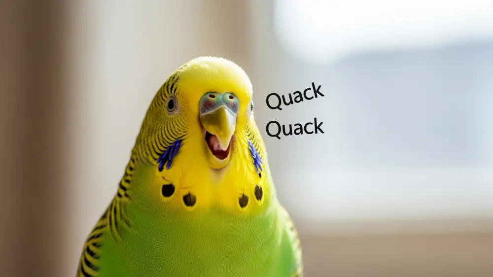 普段と違うアヒルのような「グワグワ」という声で鳴いて戸惑った表情を見せるセキセイインコ
