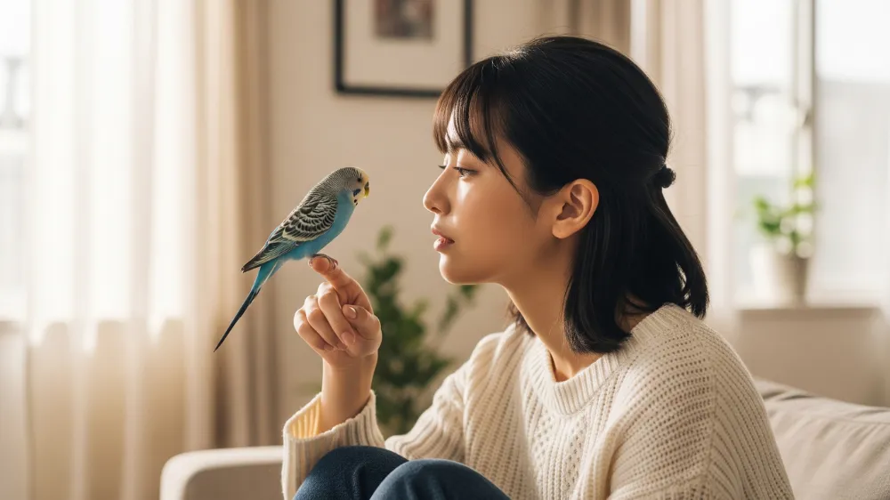 愛鳥と深い絆を築いた日本人女性飼い主とセキセイインコの信頼関係を表した画像