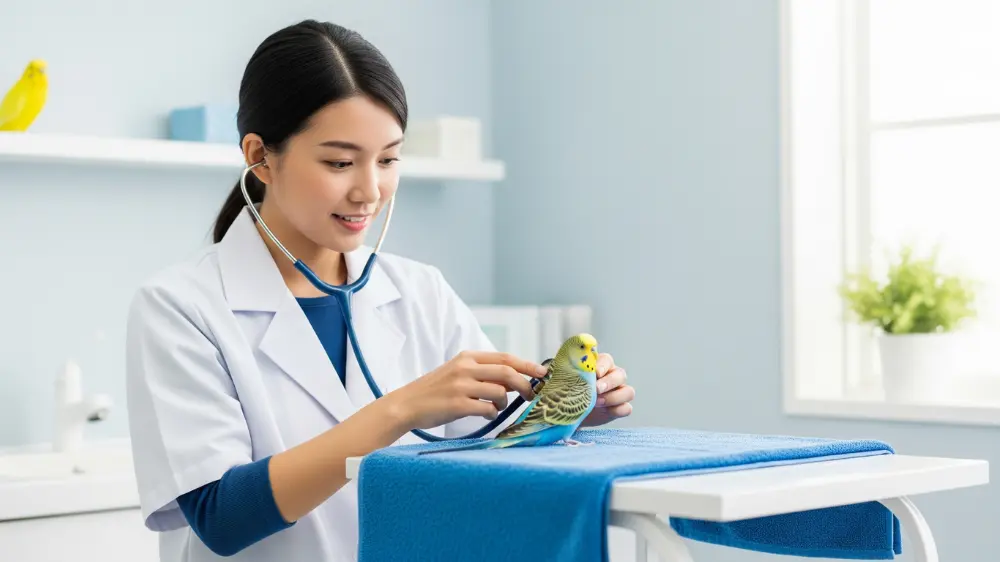 獣医師が聴診器でセキセイインコの呼吸音をチェックしている診察風景。病気の早期発見の重要性を示す医療現場の写真