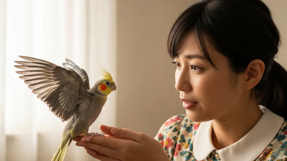 飼い主の指に優しく寄り添う美しいオカメインコの成鳥。