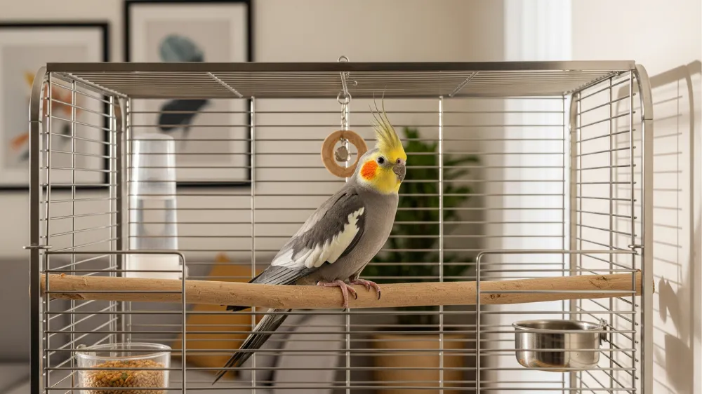 床から適切な高さのスタンドに置かれたオカメインコのケージと、目線を合わせて話しかける飼い主
