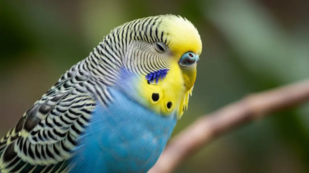 セキセイインコが甘えるように優しく「キュッキュッ」と鳴いている表情のクローズアップ写真。目を細めてリラックスした状態を示している