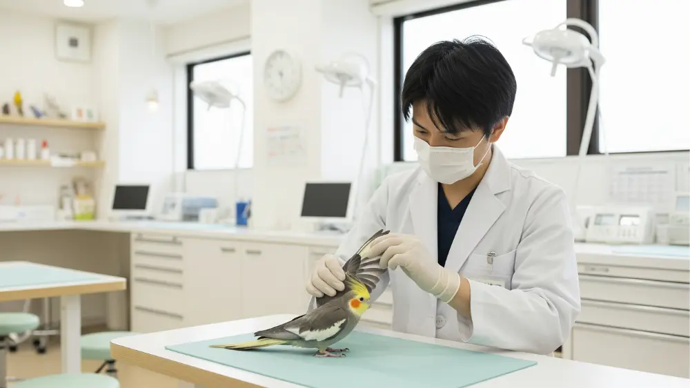 動物病院で診察を受けるオカメインコと、高額な医療費の請求書を見て驚く飼い主