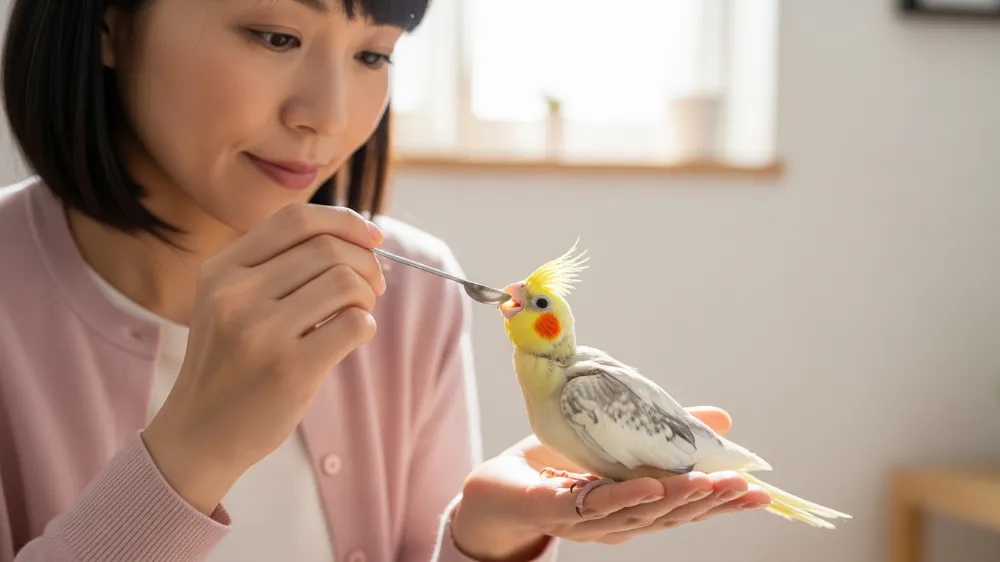 飼い主がスプーンを使ってオカメインコの雛に優しく挿し餌を与えている様子