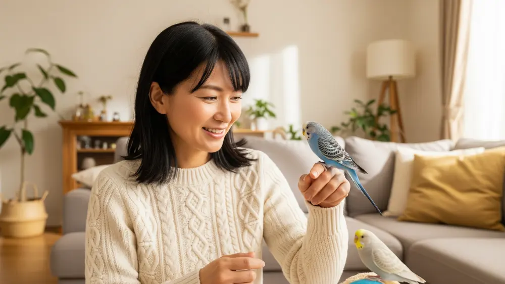 鳴き声の意味を理解し、飼い主と深い信頼関係を築いた2羽のセキセイインコが、リラックスして過ごしている画像。