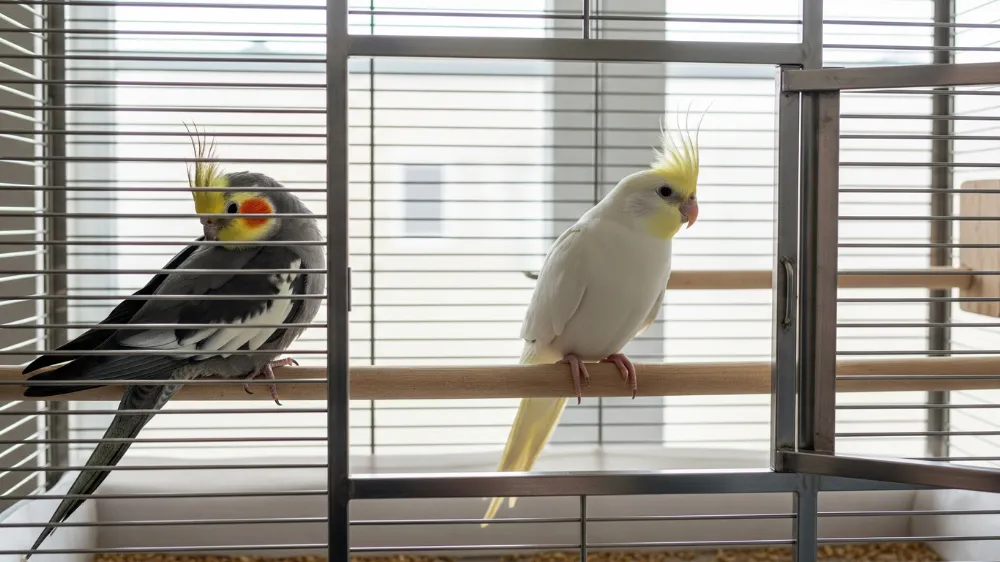 新入りオカメインコの対面方法。病気を防ぐため、最低1ヶ月は別のケージで検疫(クアランティン)する。