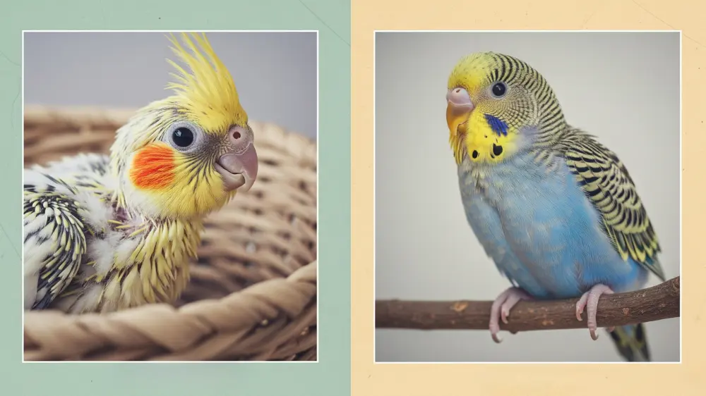セキセイインコとオカメインコの雛を比較している画像。オカメインコの雛の大きさが際立っている。