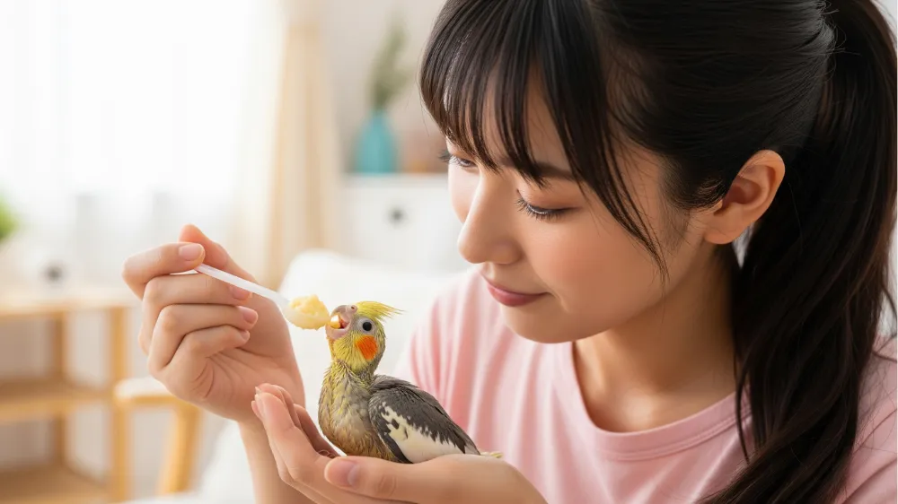 飼い主がスプーンでオカメインコ雛に挿し餌を与えている。正しい温度と量が重要。