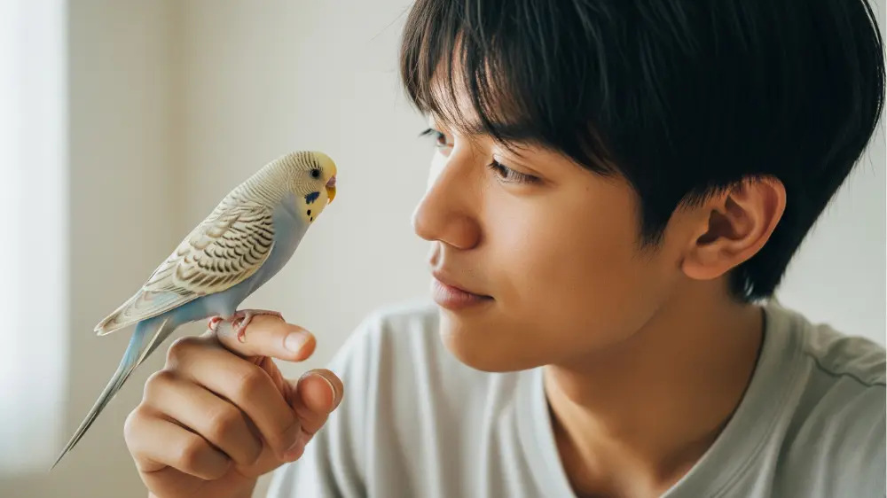 セキセイインコが飼い主と心を通わせている温かい瞬間の写真。愛情深いコミュニケーションの様子を表現した感動的なシーン