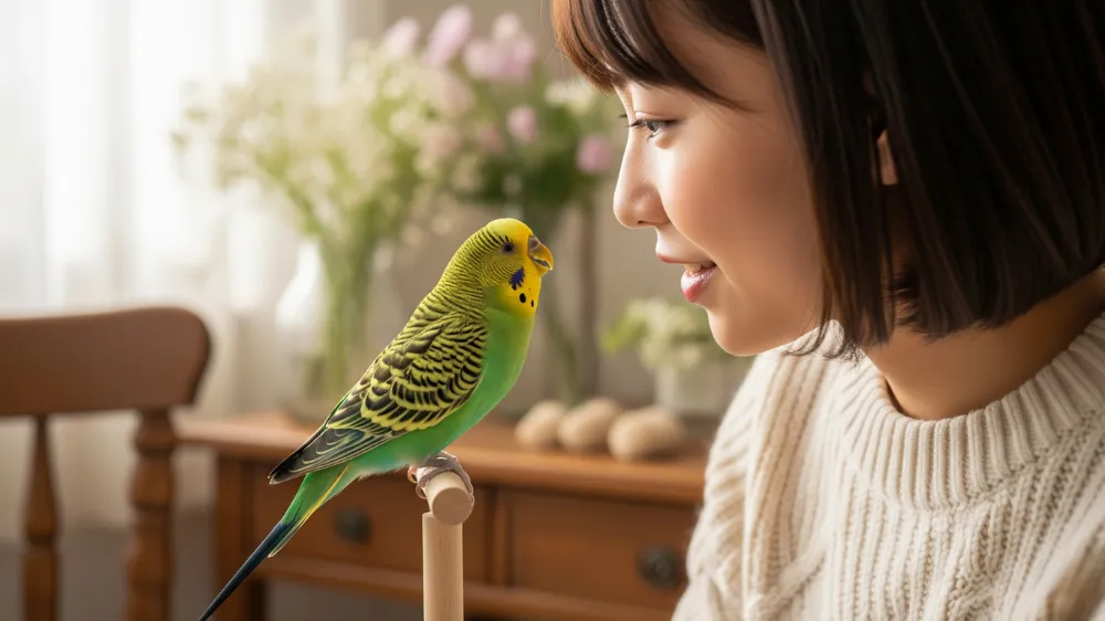 セキセイインコが飼い主に甘えながら「キュイキュイ」と鳴いている愛らしい表情