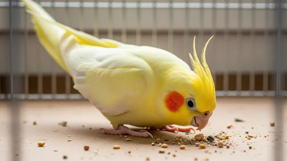 健康なオカメインコがケージの床で餌を探すフォージング行動。心配いらない正常な様子。