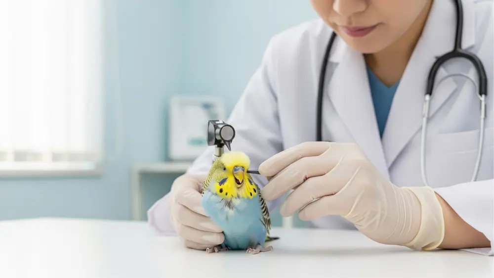 病気のサインを示すセキセイインコと、保温されたキャリーケースに入って病院へ向かう様子