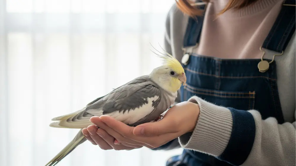 飼い主の手に優しく包まれる老鳥期のオカメインコと、特別なケアの必要性を示す画像