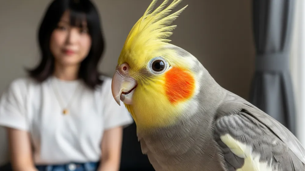 チェックリストを指さしながら、自分にオカメインコが飼えるか検討している女性