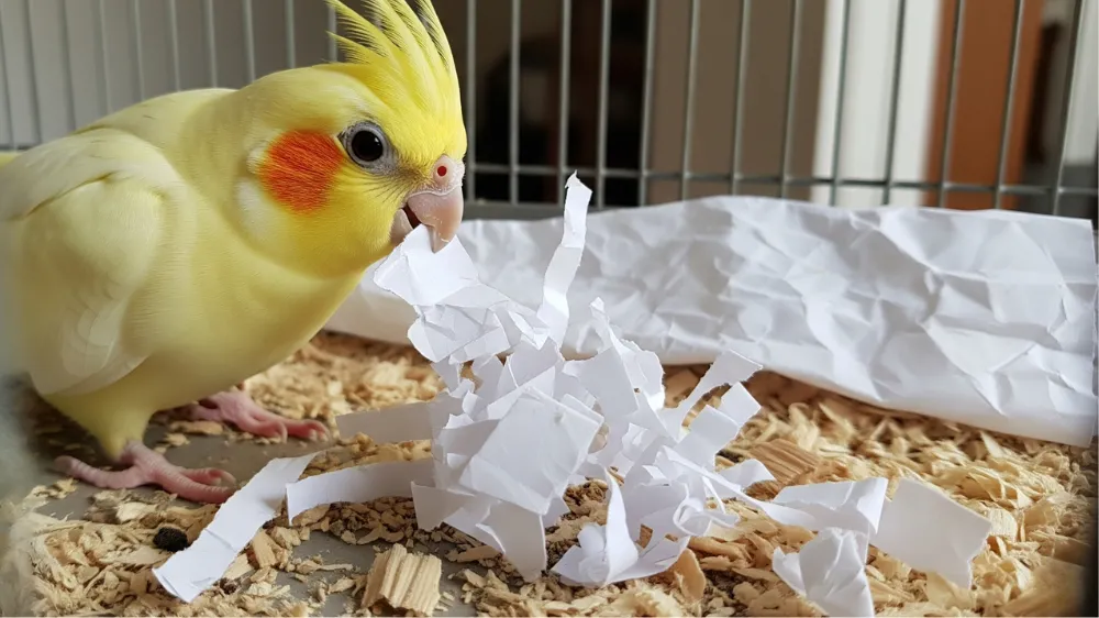 発情期を迎え、ケージの床に敷いた新聞紙をちぎって巣作りをするオカメインコのメス。