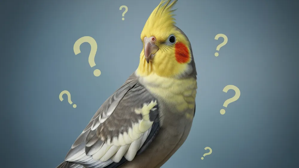 疑問符のアイコンを背景に首をかしげている可愛らしいオカメインコ