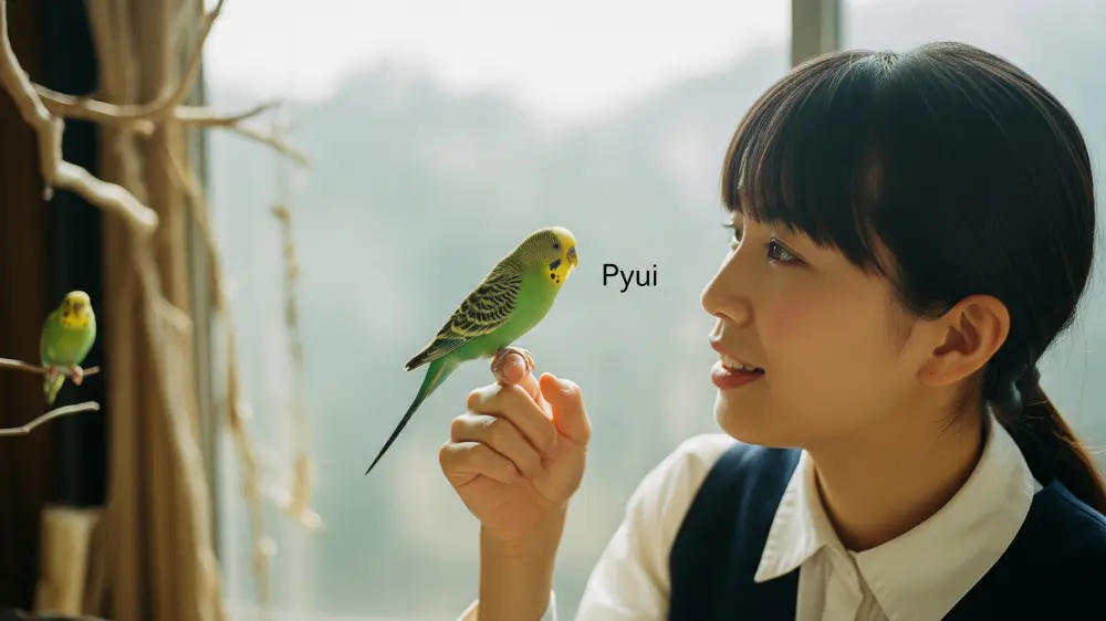 飼い主の呼びかけに「ピュイ」と返事をして、愛情のこもった表情を見せるセキセイインコ