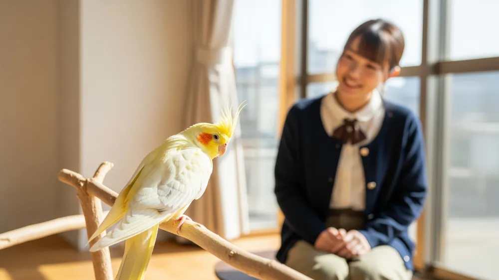 愛情深い飼い主に見守られながら幸せそうに過ごすルチノーオカメインコ