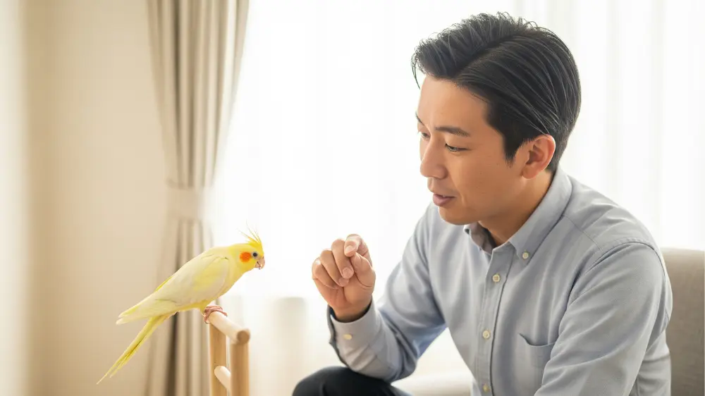 「どうして？」という表情で首をかしげるオカメインコと、優しく見守る飼い主