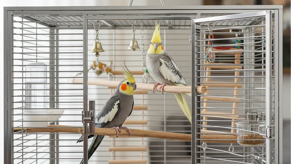 安全で快適な多頭飼いケージで、2羽のオカメインコが幸せそうに暮らしている理想的な風景