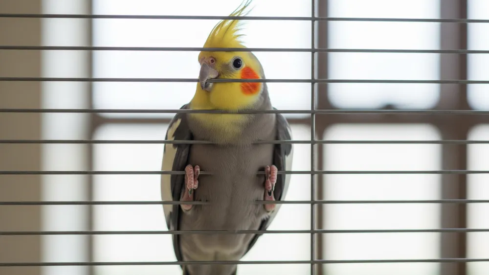 ケージの横網を足とくちばしで器用に伝い歩きするオカメインコ