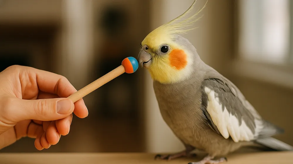 オカメインコのクリッカートレーニングの理想的なタイミングと時間管理を示すイラスト。時計とストップウォッチで最適なセッション時間を表現