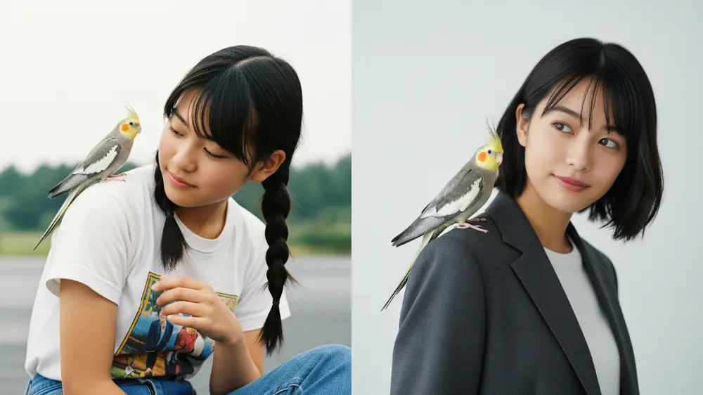 カレンダーに書かれた「旅行」「結婚」「引越し」の予定と、そばにいるオカメインコを見つめる飼い主