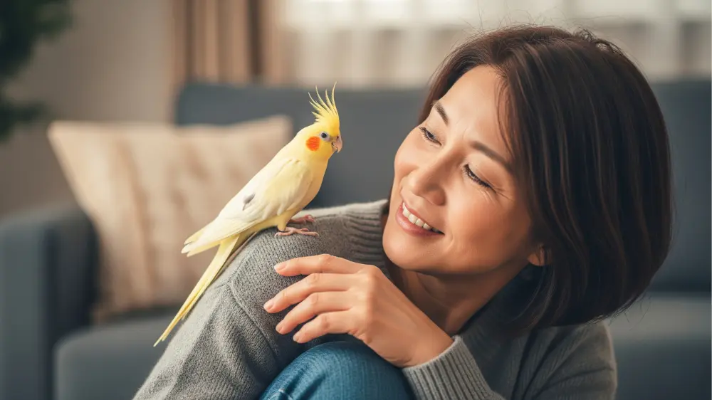 愛情深い飼い主とオカメインコが触れ合い、長い寿命を共に過ごす幸せな時間を表現