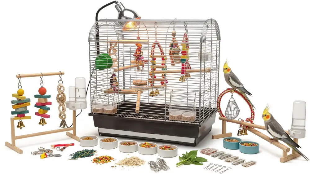 理想的なレイアウトのケージで健康に過ごすオカメインコ。飼い主の愛情が詰まった環境で幸せそうな表情を見せている。