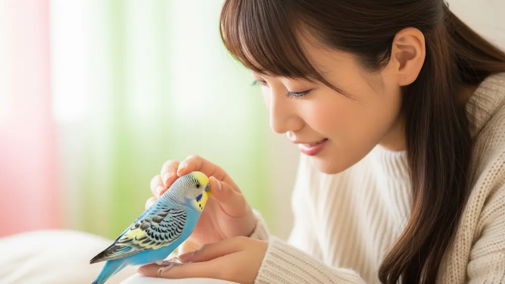 優しくセキセイインコの頭を撫で、愛情に応える飼い主の手