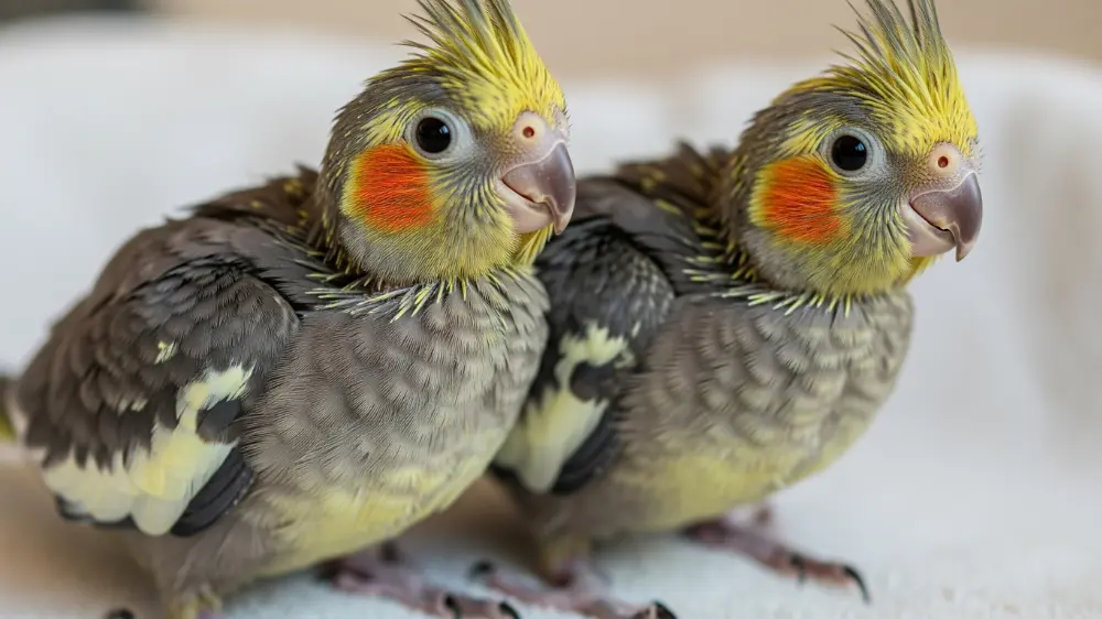 オカメインコノーマルの雛期から成鳥期にかけての成長過程と性別による外見変化を示す画像