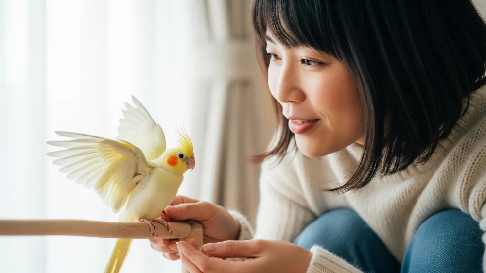 飼い主の手に乗って安心した表情を見せる、健康に育ったオカメインコ