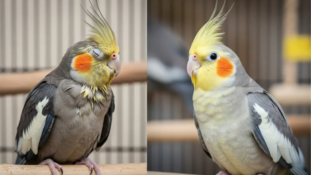 羽を膨らませて体調が悪そうな高齢オカメインコと、元気で健康な若鳥の対比写真