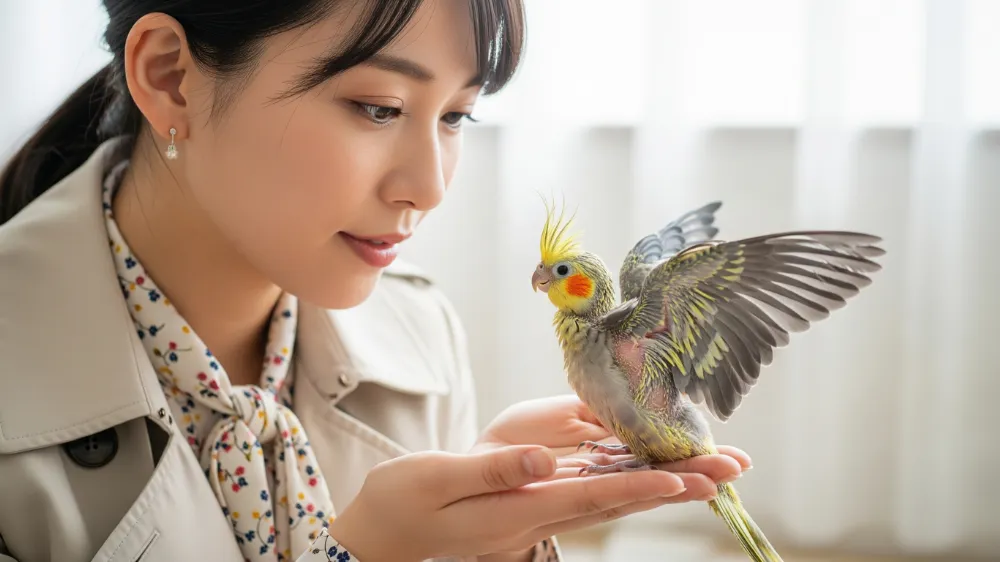 オカメインコの雛換羽で大量に抜けた羽と、筆毛が生え始めた雛