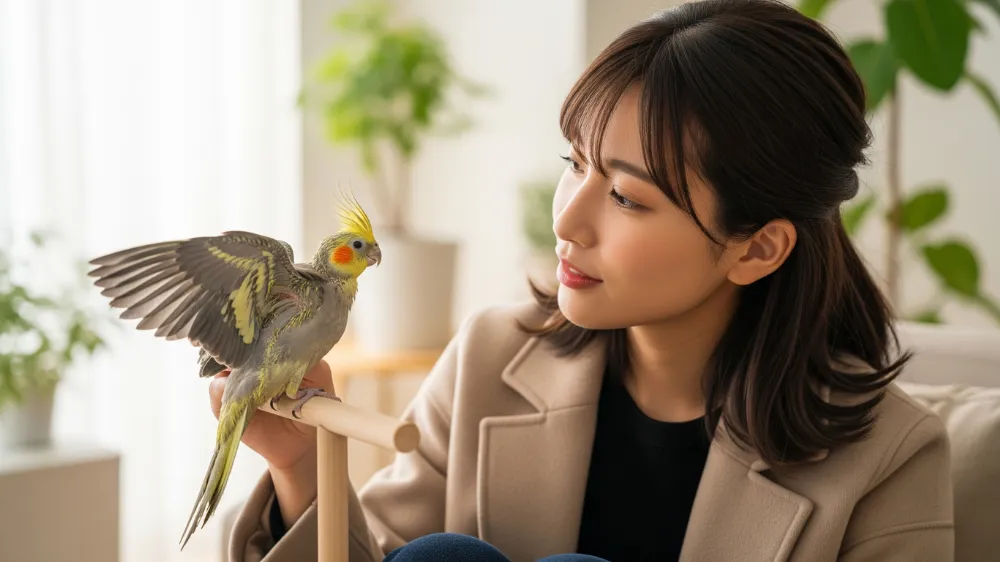雛換羽の症状で少し元気がなく、ケージの隅で膨らんでいるオカメインコ