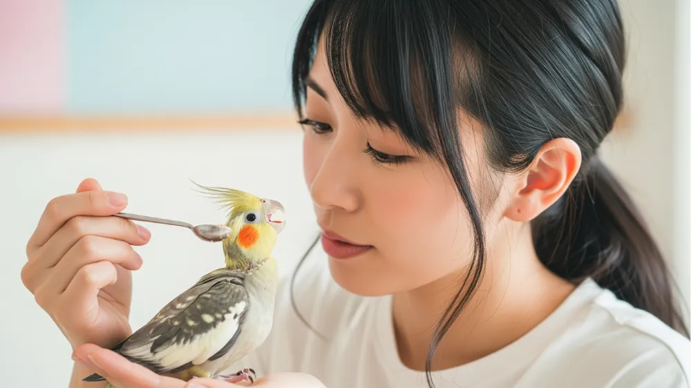 飼い主の肩にちょこんと乗り、満足げな表情でこちらを見ている成鳥のオカメインコ