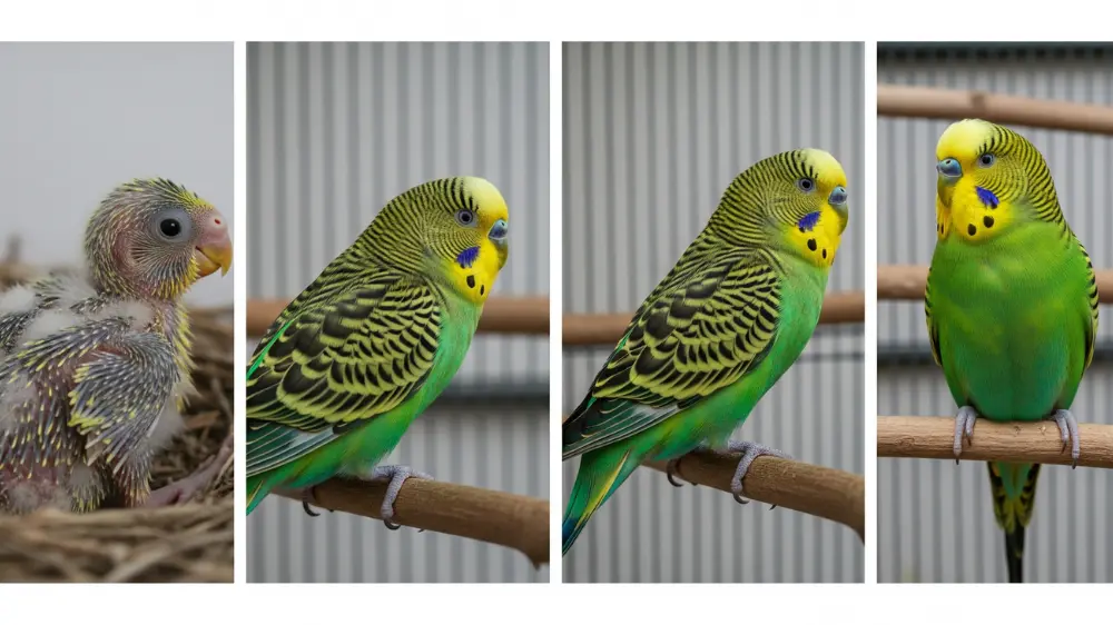 セキセイインコの年齢ごとの成長段階を示すインフォグラフィック。若鳥から成鳥へ、ろう膜の色や羽が変化していく様子。