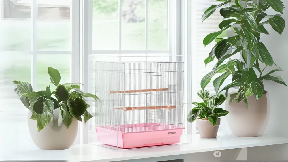 リビングに置かれたオカメインコのケージを覆う透明なアクリルケージ。防音・脂粉対策に効果的で、鳥の様子がクリアに見える